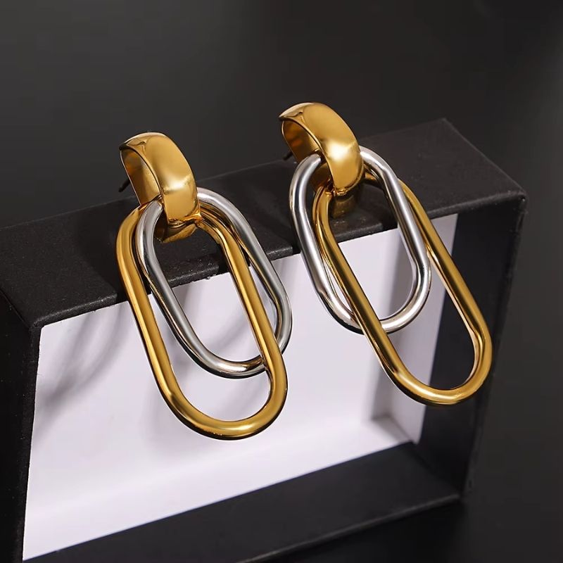 Boucle D’oreille Acier Inoxydable Pendante Bicolore