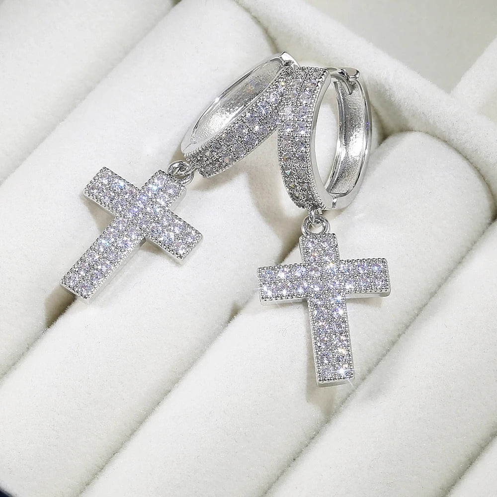 Boucle d'Oreille Croix Homme Argentée Pendante