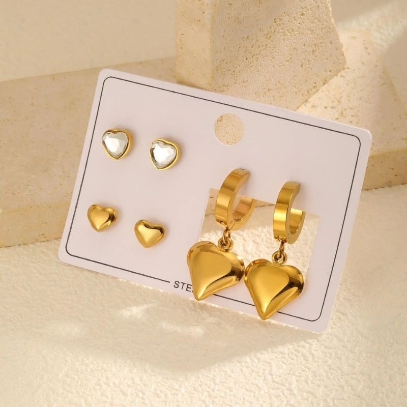 Boucle D’oreille Femme 3 Trous Cœur Doré Inox