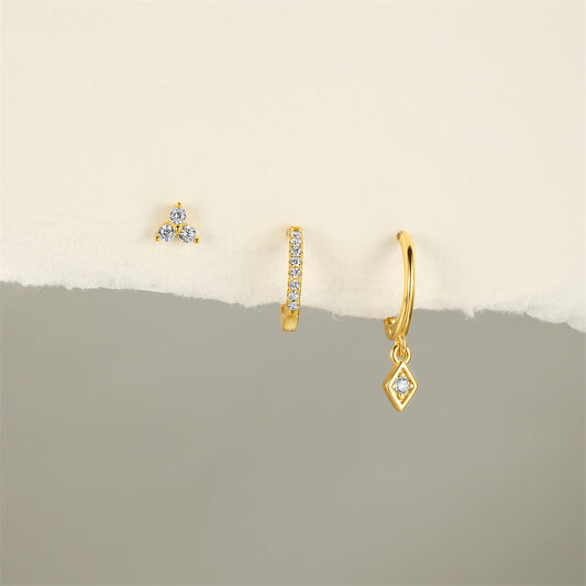 Boucle D'Oreille 3 Trous Argent Délicat Et Doré