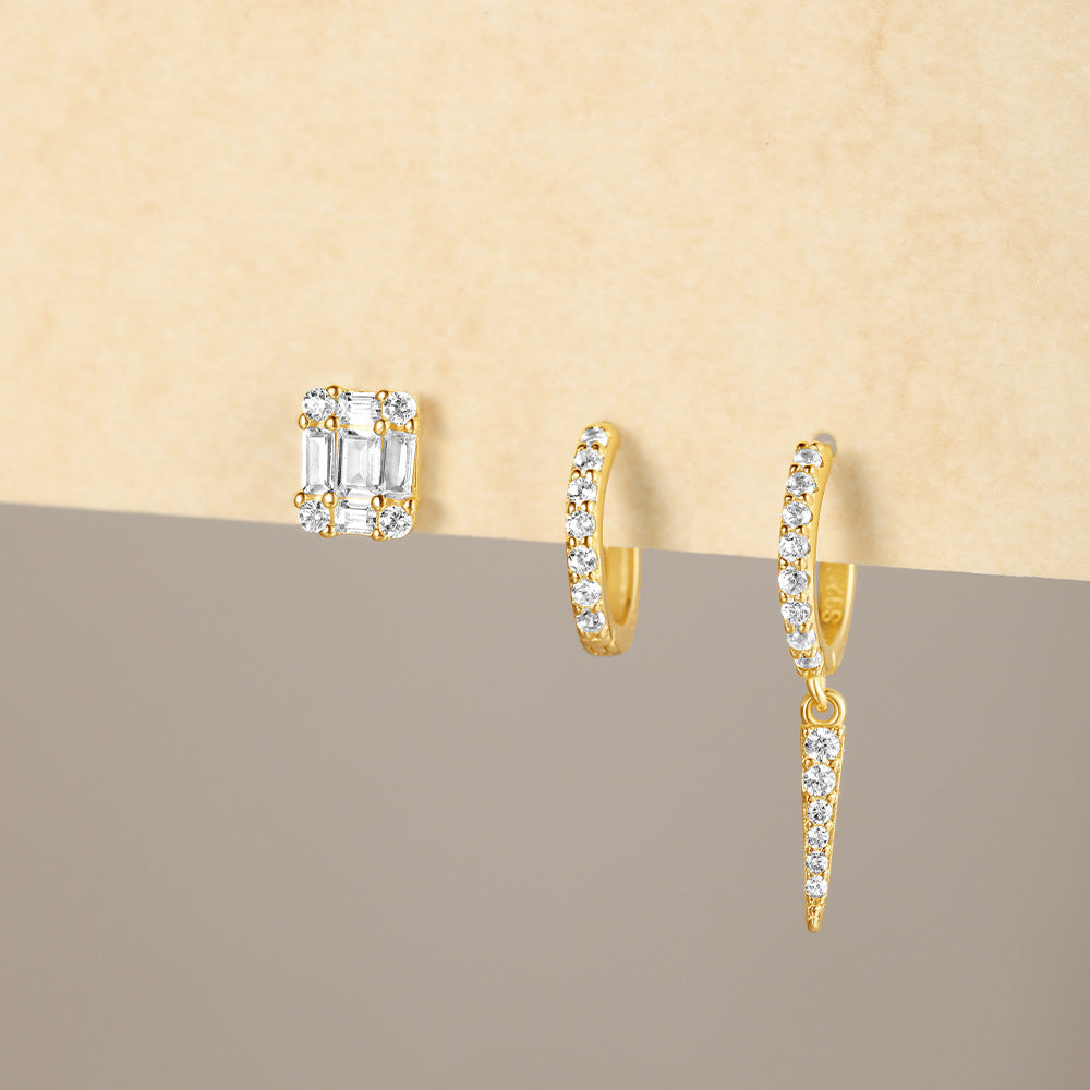 Boucle D'Oreille 3 Trous Argent Doré Étincelant