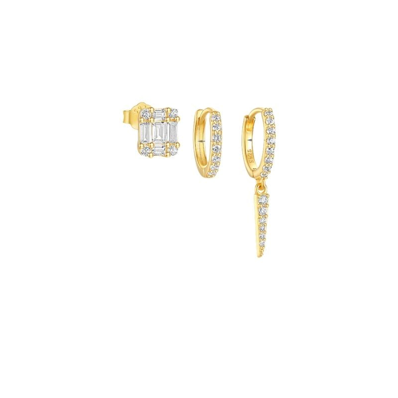 Boucle D'Oreille 3 Trous Argent Doré Étincelant