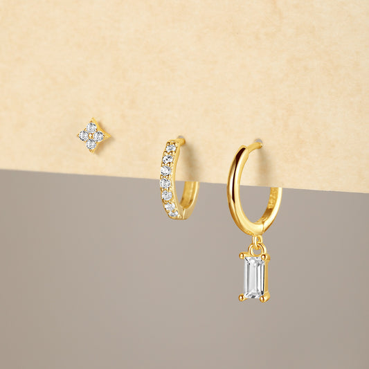 Boucle D'Oreille 3 Trous Argent Doré Intemporel