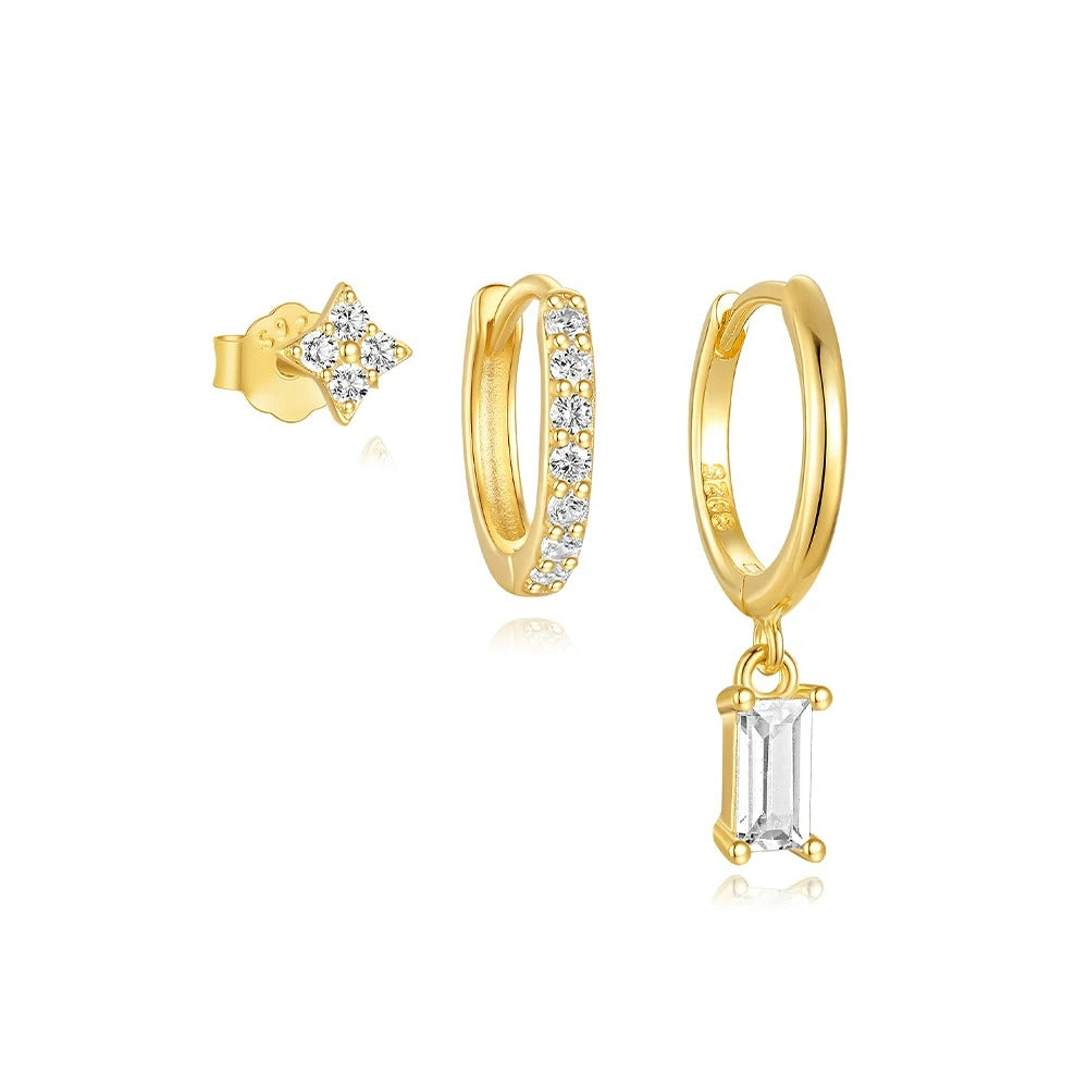 Boucle D'Oreille 3 Trous Argent Doré Intemporel