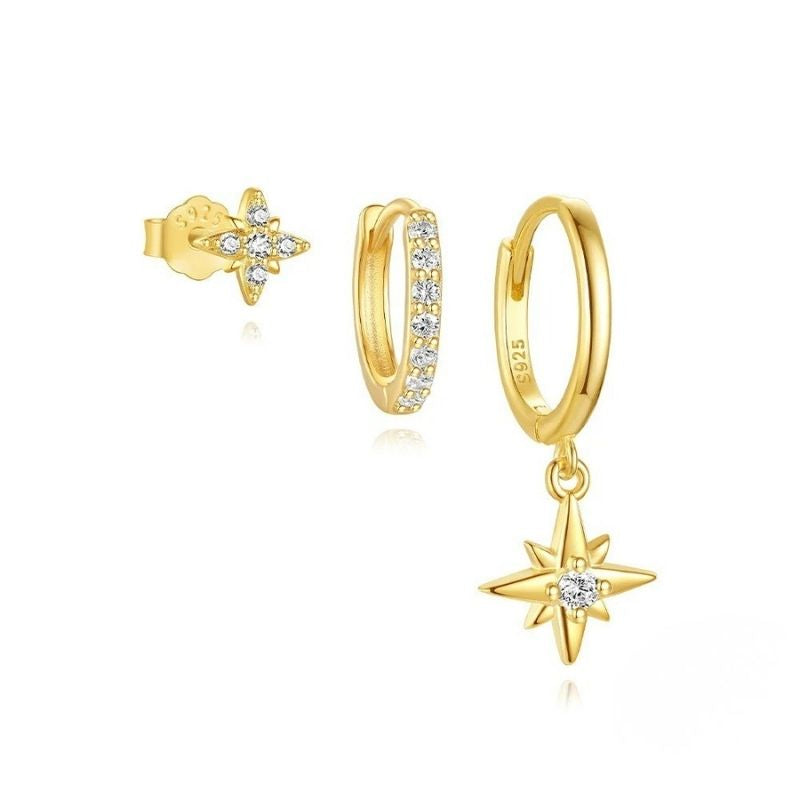 Boucle D'Oreille 3 Trous Argent Étoilé Et Doré