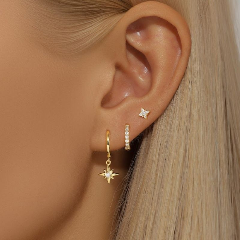 Boucle D'Oreille 3 Trous Argent Étoilé Et Doré