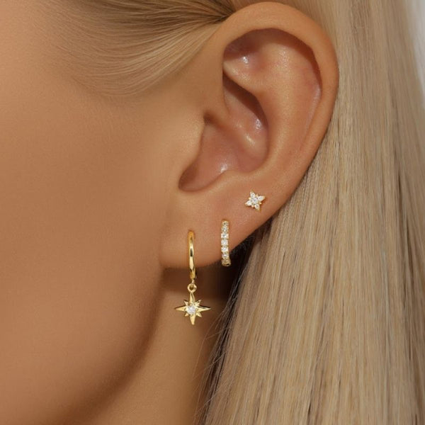 Boucle D'Oreille 3 Trous Argent Étoilé Et Doré