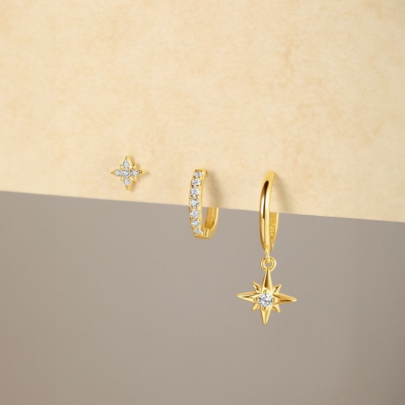 Boucle D'Oreille 3 Trous Argent Étoilé Et Doré