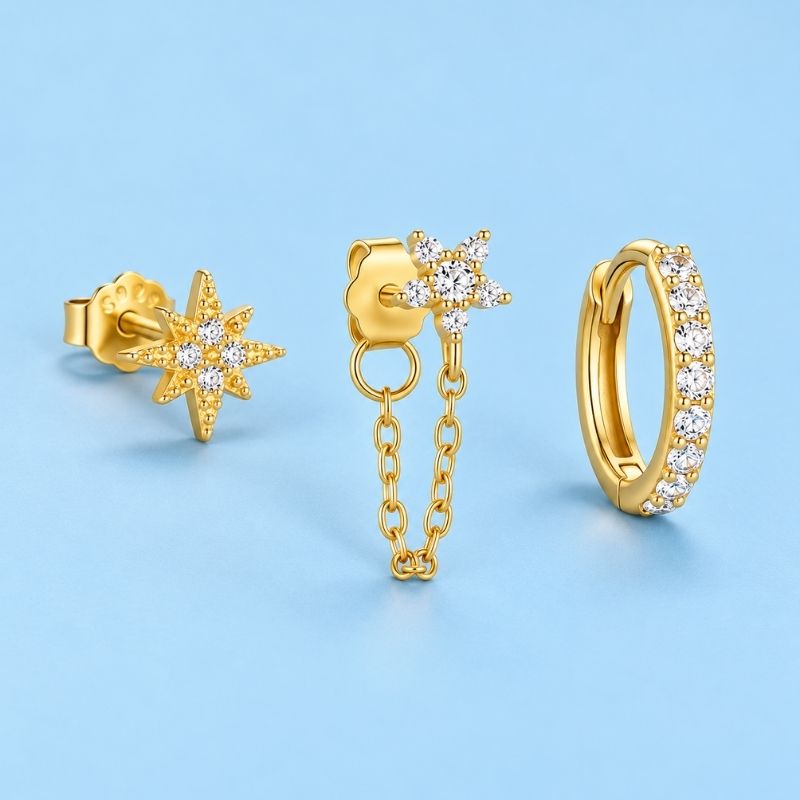 Boucle D'Oreille 3 Trous Astre Fleur Et Chaînette