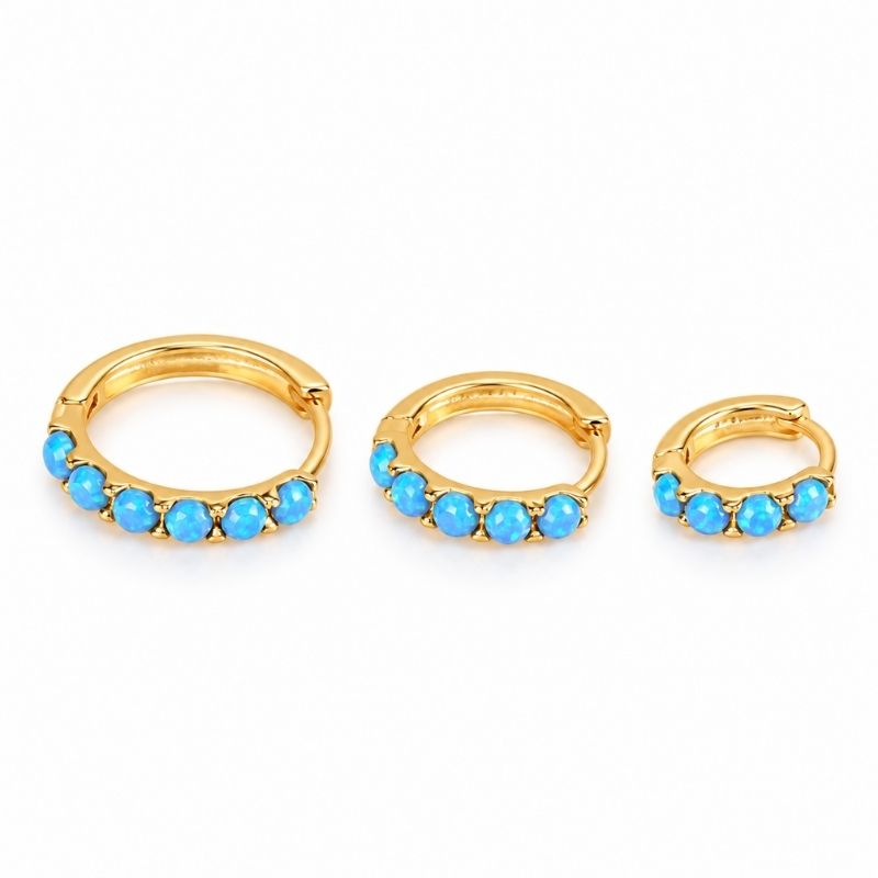 Boucle D'Oreille 3 Trous Créoles Serties De Bleu Image