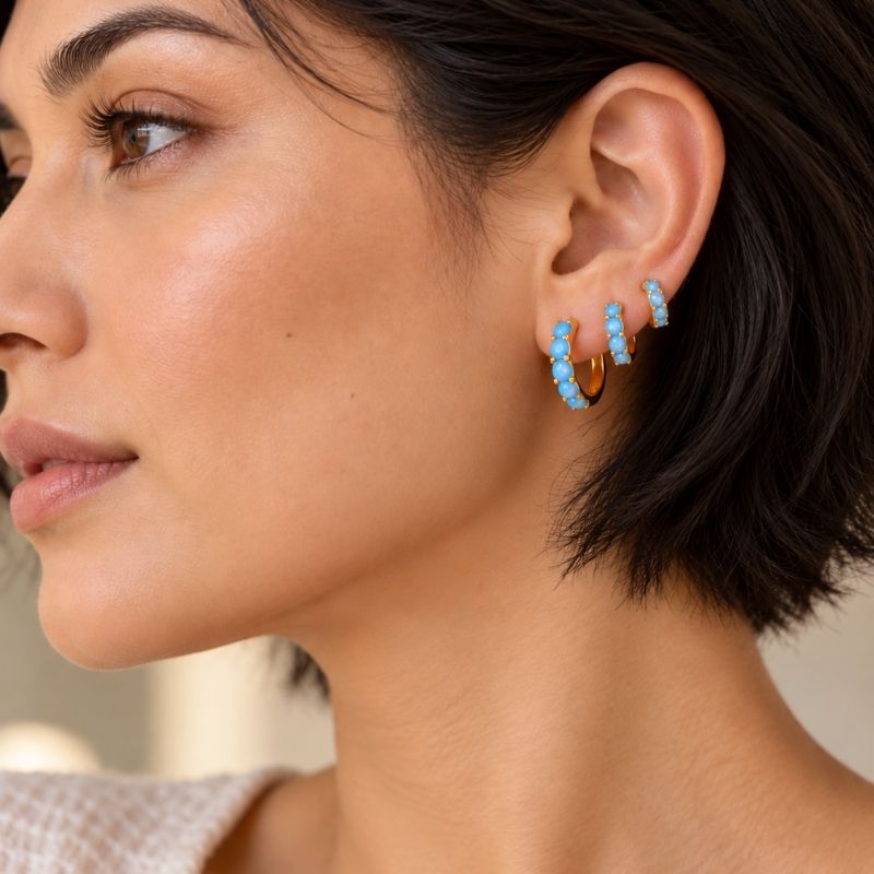 Boucle D'Oreille 3 Trous Créoles Serties De Bleu