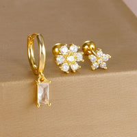 Boucle d’Oreille 3 Trous Dorée Fleur & Pierre Rectangulaire