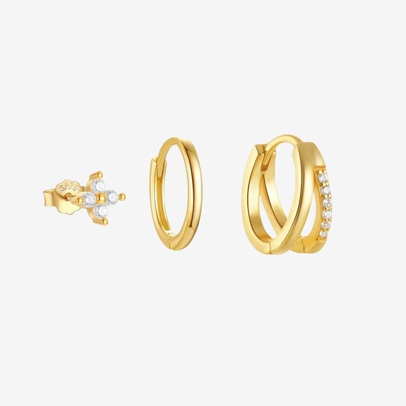 Boucle D'Oreille 3 Trous Double Anneau Et Fleurette