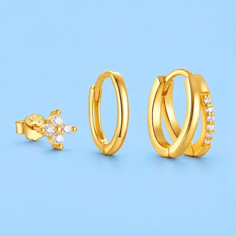 Boucle D'Oreille 3 Trous Double Anneau Et Fleurette