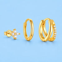 Boucle D'Oreille 3 Trous Double Anneau Et Fleurette
