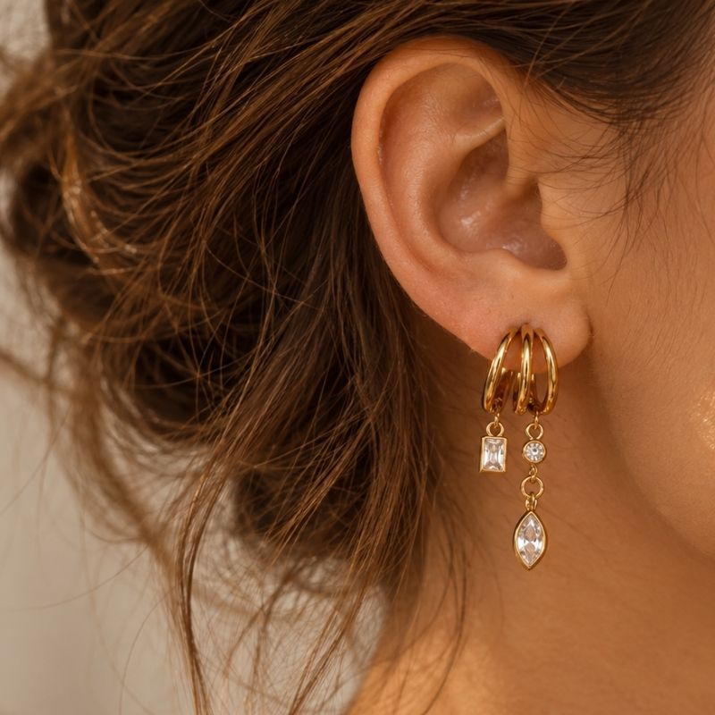 Boucle d’Oreille 3 Trous Effet 3 Créoles À Pampilles - Acier Inoxydable