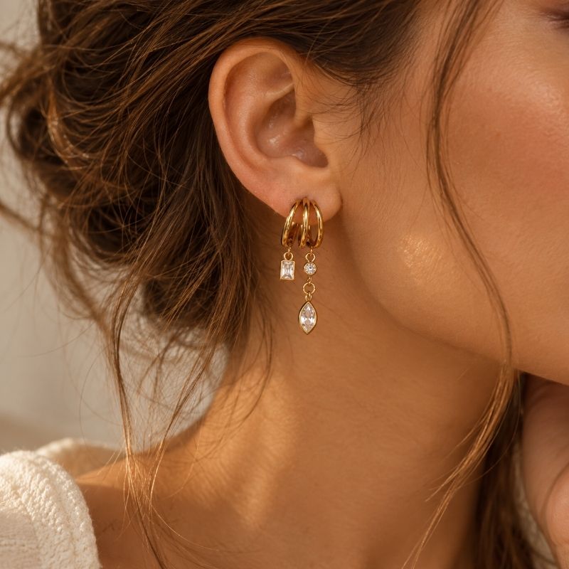 Boucle d’Oreille 3 Trous Effet 3 Créoles À Pampilles - Acier Inoxydable