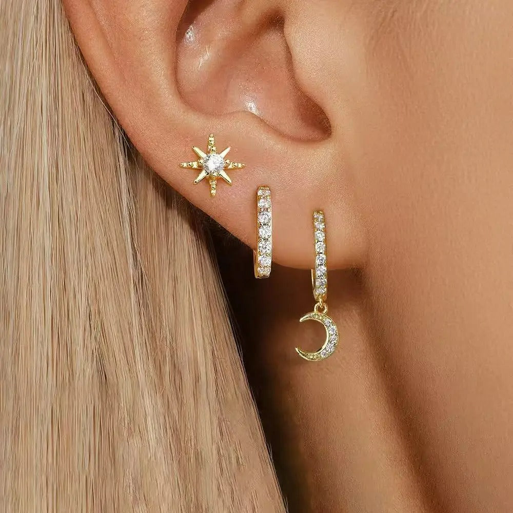 Boucle D'Oreille 3 Trous Lune Étoilée Acier Inoxydable