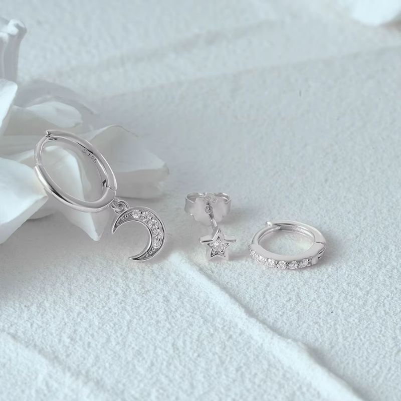 Boucle D'Oreille 3 Trous Lune Étoilée Acier Inoxydable