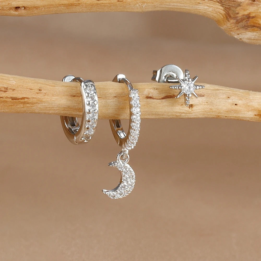 Boucle D'Oreille 3 Trous Lune Étoilée Acier Inoxydable