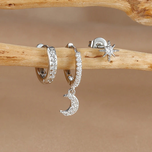 Boucle D'Oreille 3 Trous Lune Étoilée Acier Inoxydable