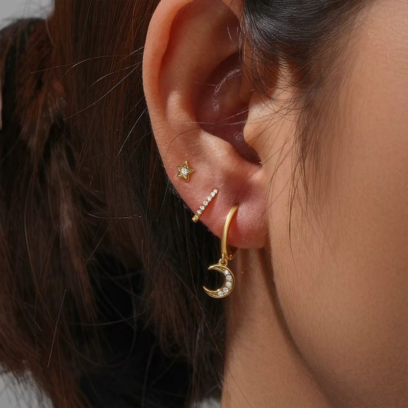 Boucle D'Oreille 3 Trous Lune Étoilée Acier Inoxydable