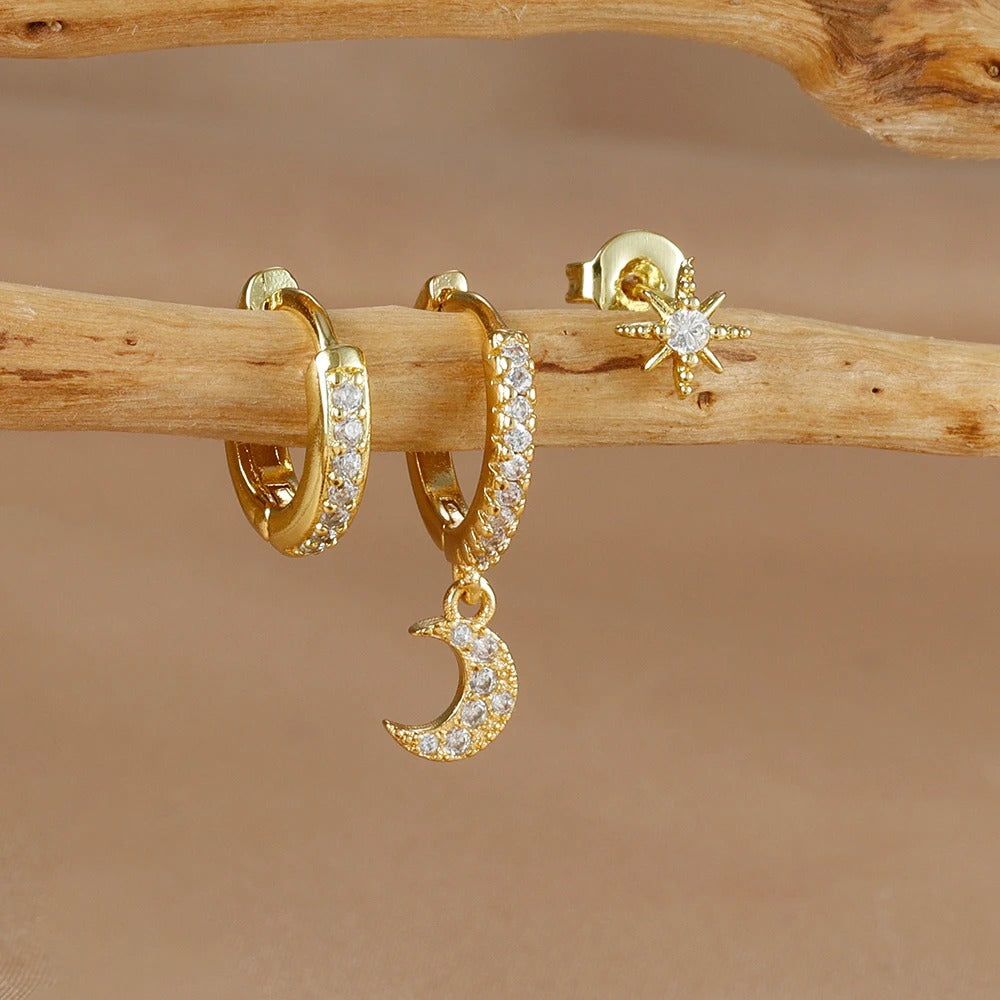 Boucle D'Oreille 3 Trous Lune Étoilée Acier Inoxydable