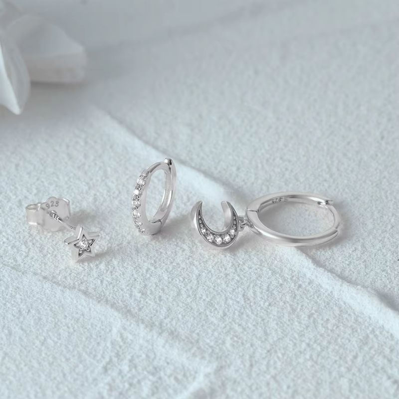 Boucle D'Oreille 3 Trous Lune Étoilée Acier Inoxydable