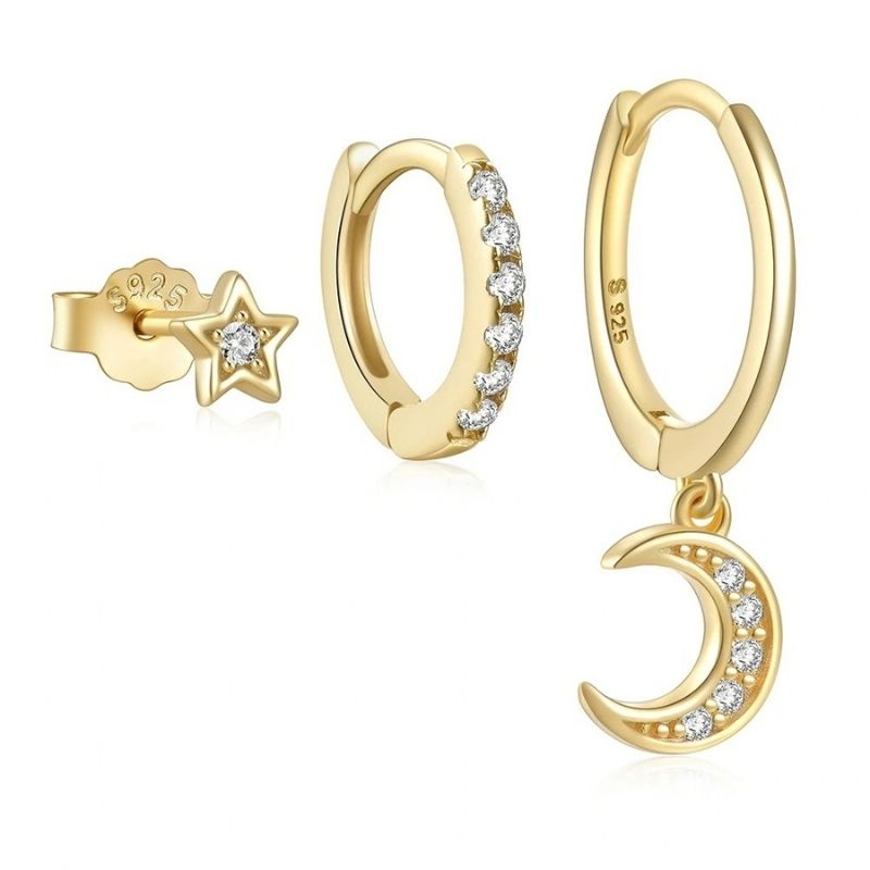 Boucle D'Oreille 3 Trous Lune Étoilée Acier Inoxydable