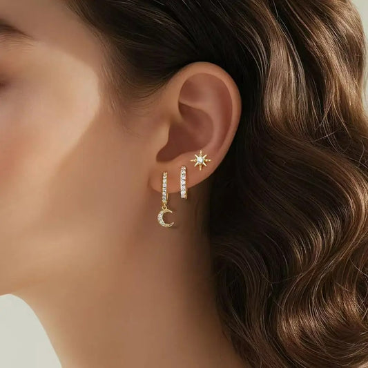 Boucle D'Oreille 3 Trous Lune Étoilée Acier Inoxydable