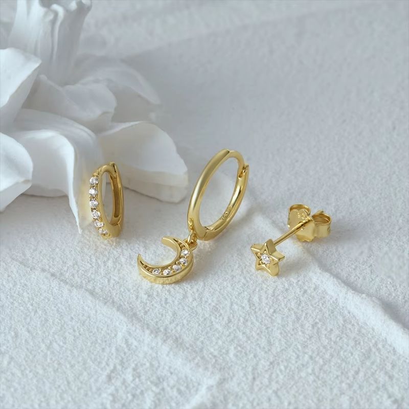 Boucle D'Oreille 3 Trous Lune Étoilée Acier Inoxydable