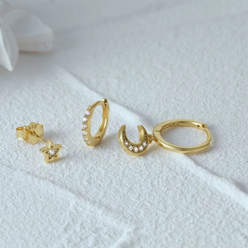 Boucle D'Oreille 3 Trous Lune Étoilée Acier Inoxydable