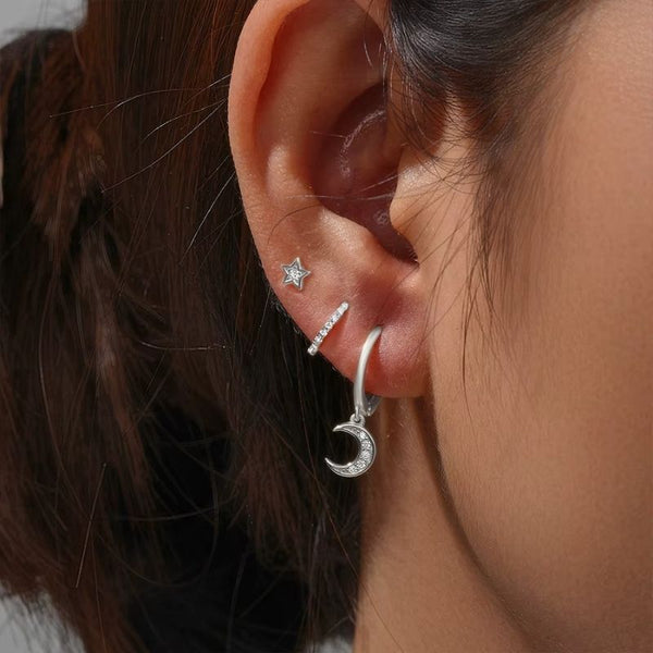 Boucle D'Oreille 3 Trous Lune Étoilée Acier Inoxydable