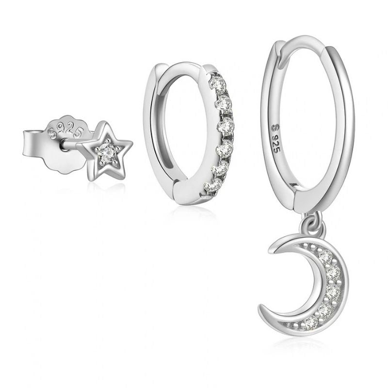 Boucle D'Oreille 3 Trous Lune Étoilée Acier Inoxydable
