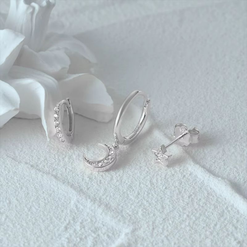 Boucle D'Oreille 3 Trous Lune Étoilée Acier Inoxydable