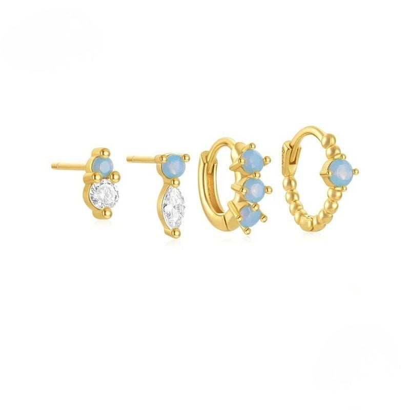 Boucle D'oreille 3 Trous Opale Bleue Zircon