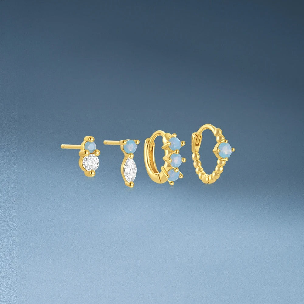 Boucle D'oreille 3 Trous Opale Bleue Zircon