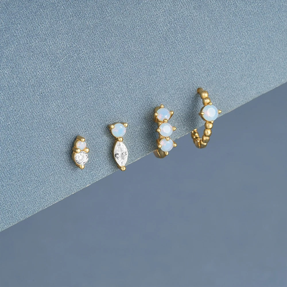 Boucle D'oreille 3 Trous Opale Bleue Zircon