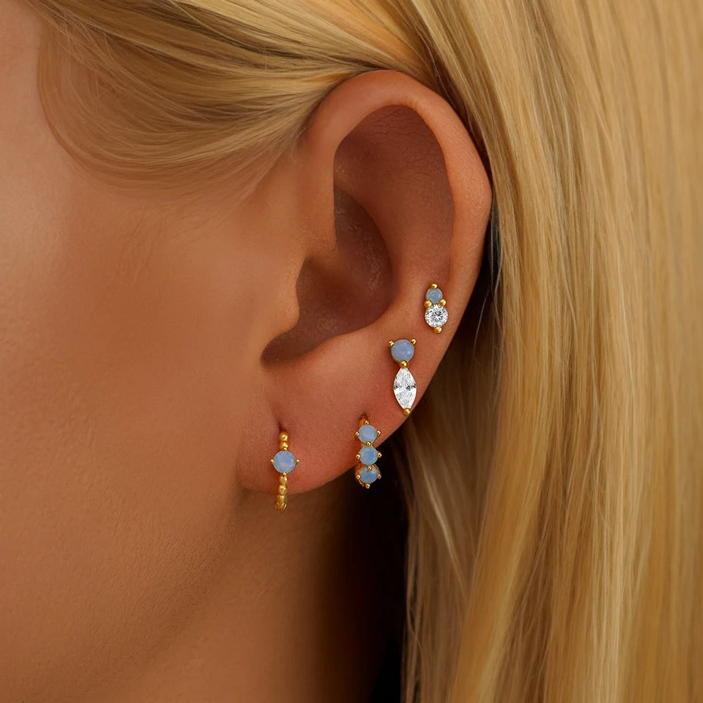 Boucle D'oreille 3 Trous Opale Bleue Zircon