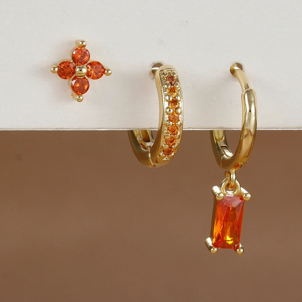 Boucle D'oreille 3 Trous Orange en Acier Inoxydable