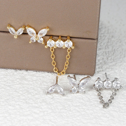 Boucle D'Oreille 3 Trous Papillon Chaîne Acier Inoxydable