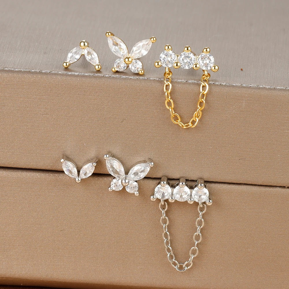 Boucle D'Oreille 3 Trous Papillon Chaîne Acier Inoxydable