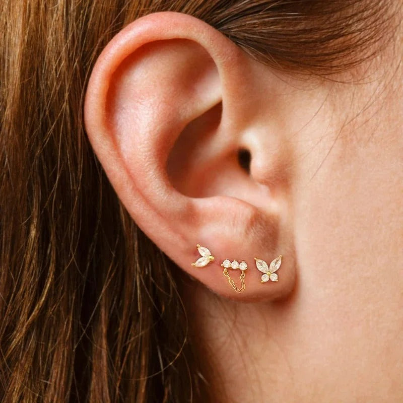 Boucle D'Oreille 3 Trous Papillon Chaîne Acier Inoxydable