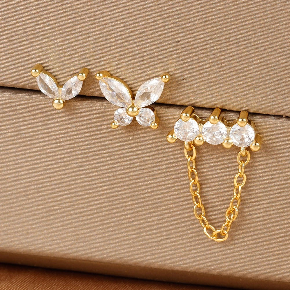 Boucle D'Oreille 3 Trous Papillon Chaîne Acier Inoxydable