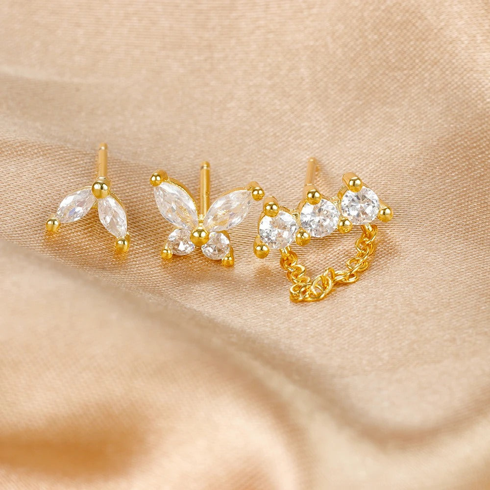 Boucle D'Oreille 3 Trous Papillon Chaîne Acier Inoxydable