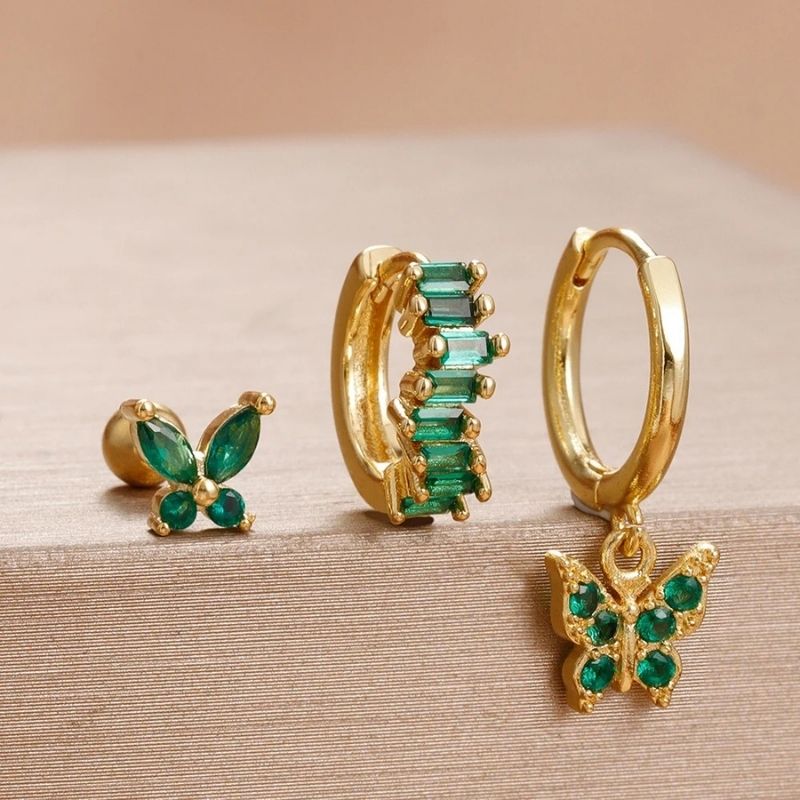 Boucle D'Oreille 3 Trous Papillon Coloré Acier Inoxydable