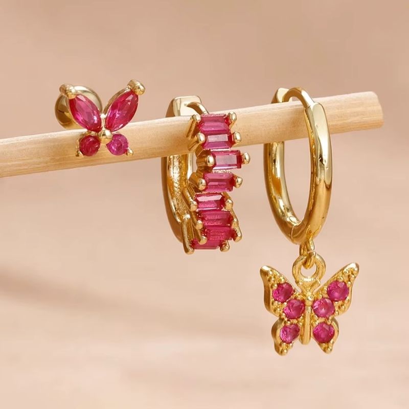 Boucle D'Oreille 3 Trous Papillon Coloré Acier Inoxydable