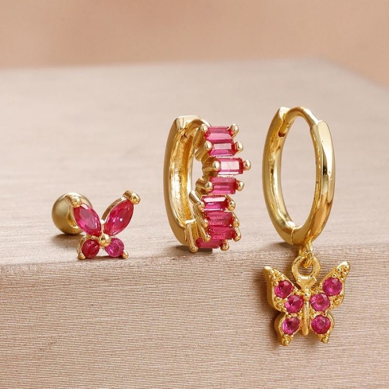 Boucle D'Oreille 3 Trous Papillon Coloré Acier Inoxydable