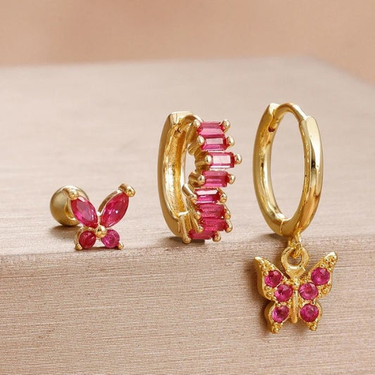 Boucle D'Oreille 3 Trous Papillon Coloré Acier Inoxydable