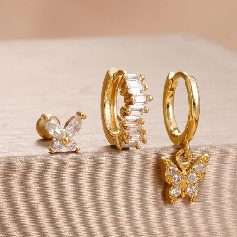 Boucle D'Oreille 3 Trous Papillon Coloré Acier Inoxydable